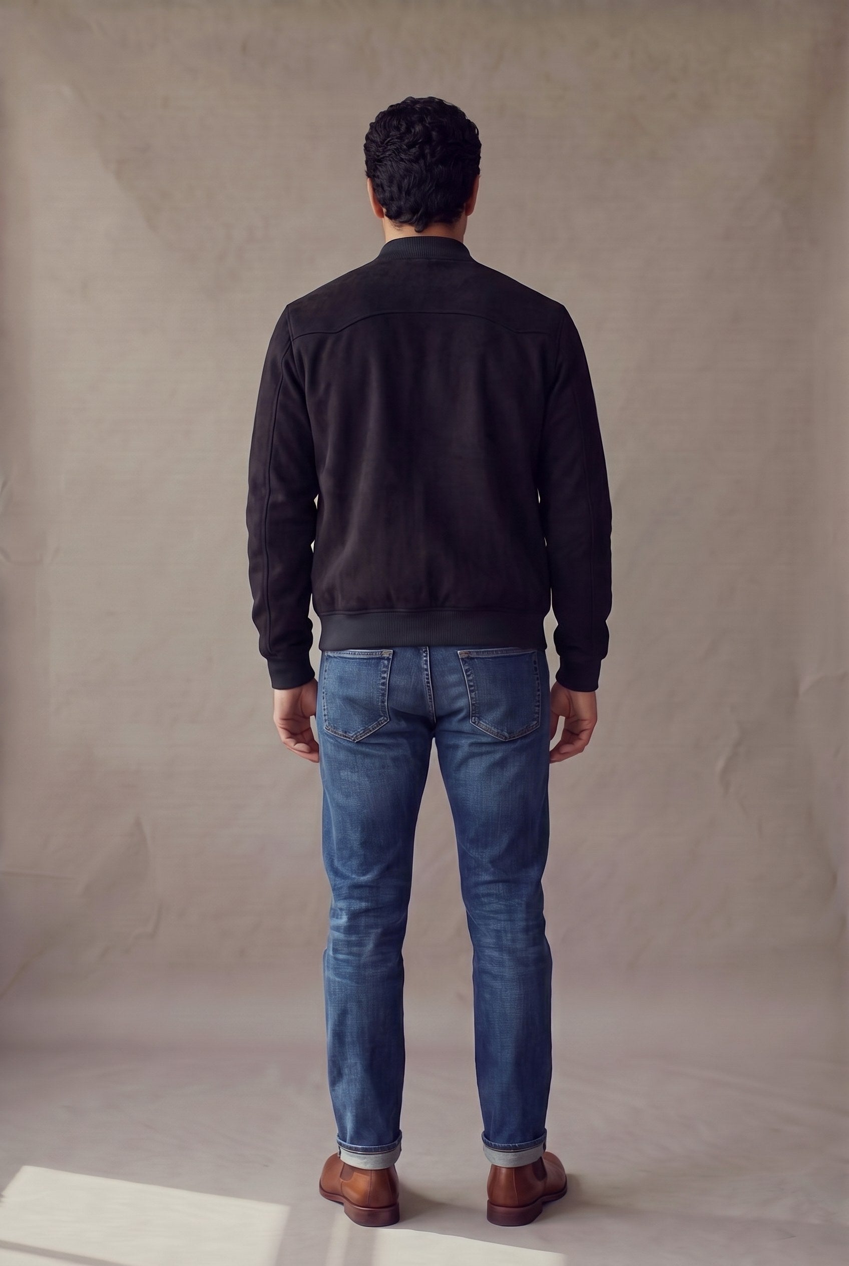 Chaqueta bomber negra de gamuza para hombre en vista de espalda, de Luck & Load.