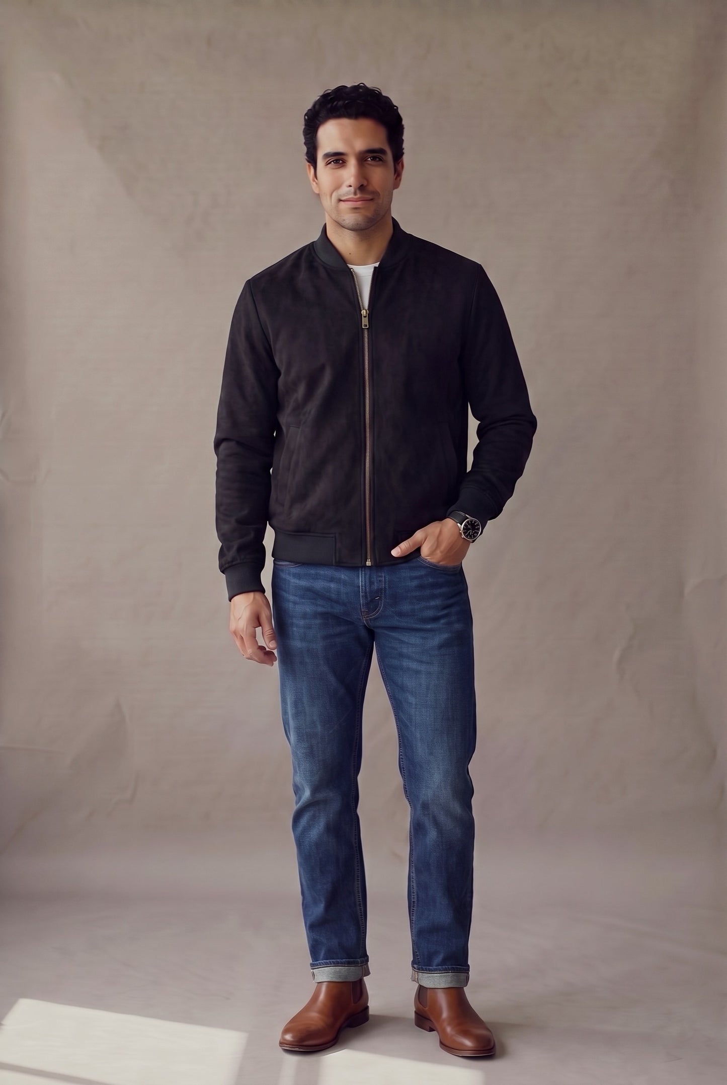 Chaqueta bomber negra de gamuza para hombre, vista frontal con cierre subido, de Luck & Load.