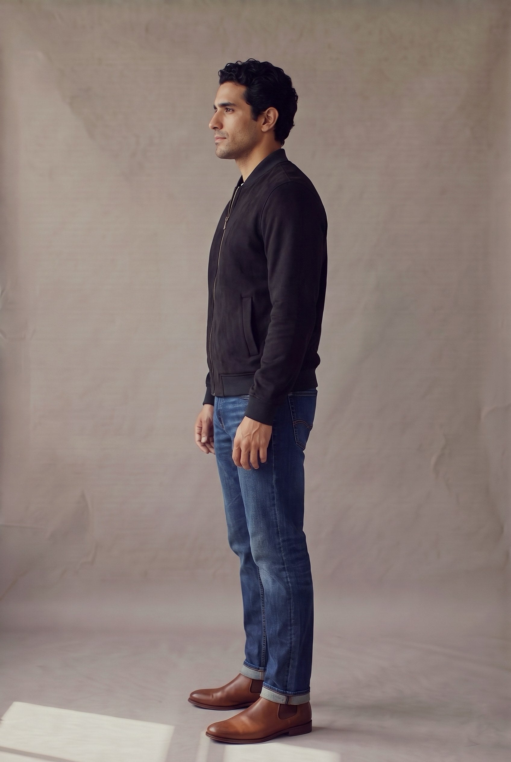 Chaqueta bomber negra de gamuza para hombre en vista lateral, de Luck & Load.