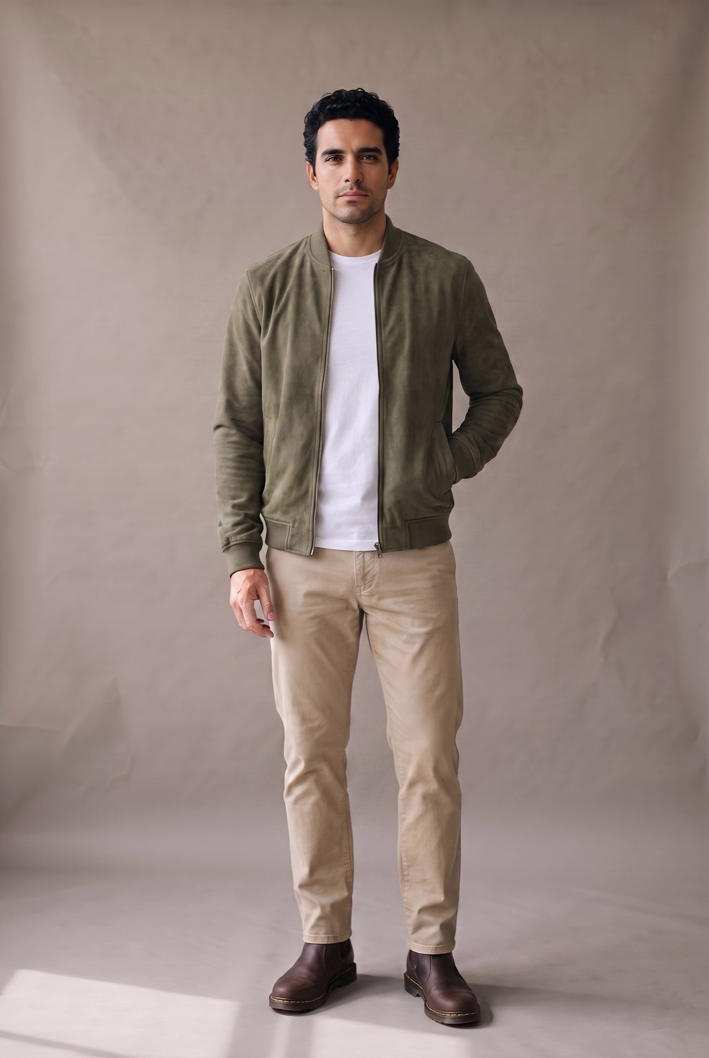 Chaqueta bomber verde militar de gamuza para hombre, abierta sobre camiseta blanca, de Luck & Load.
