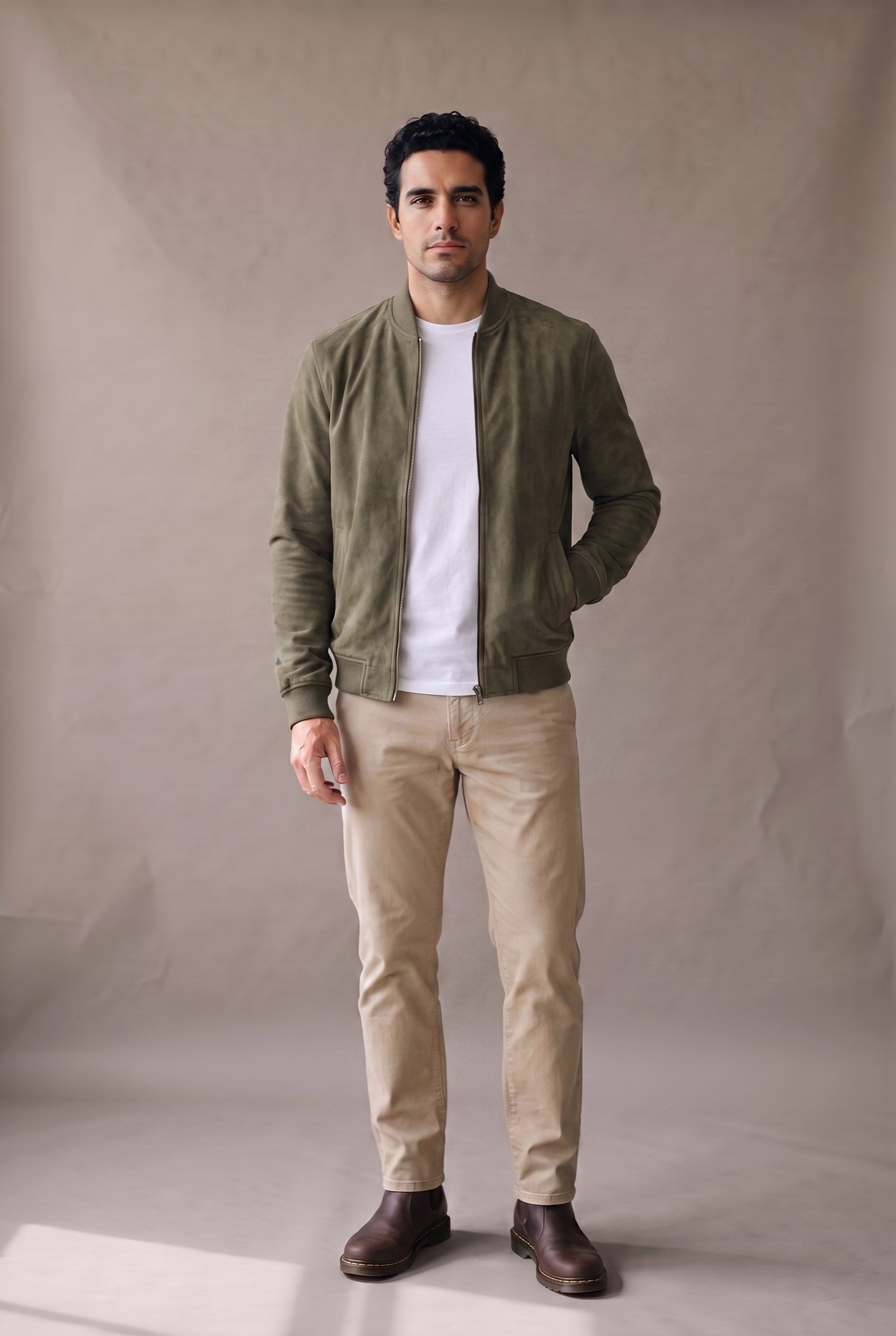 Chaqueta bomber verde militar de gamuza para hombre, abierta sobre camiseta blanca, de Luck & Load.