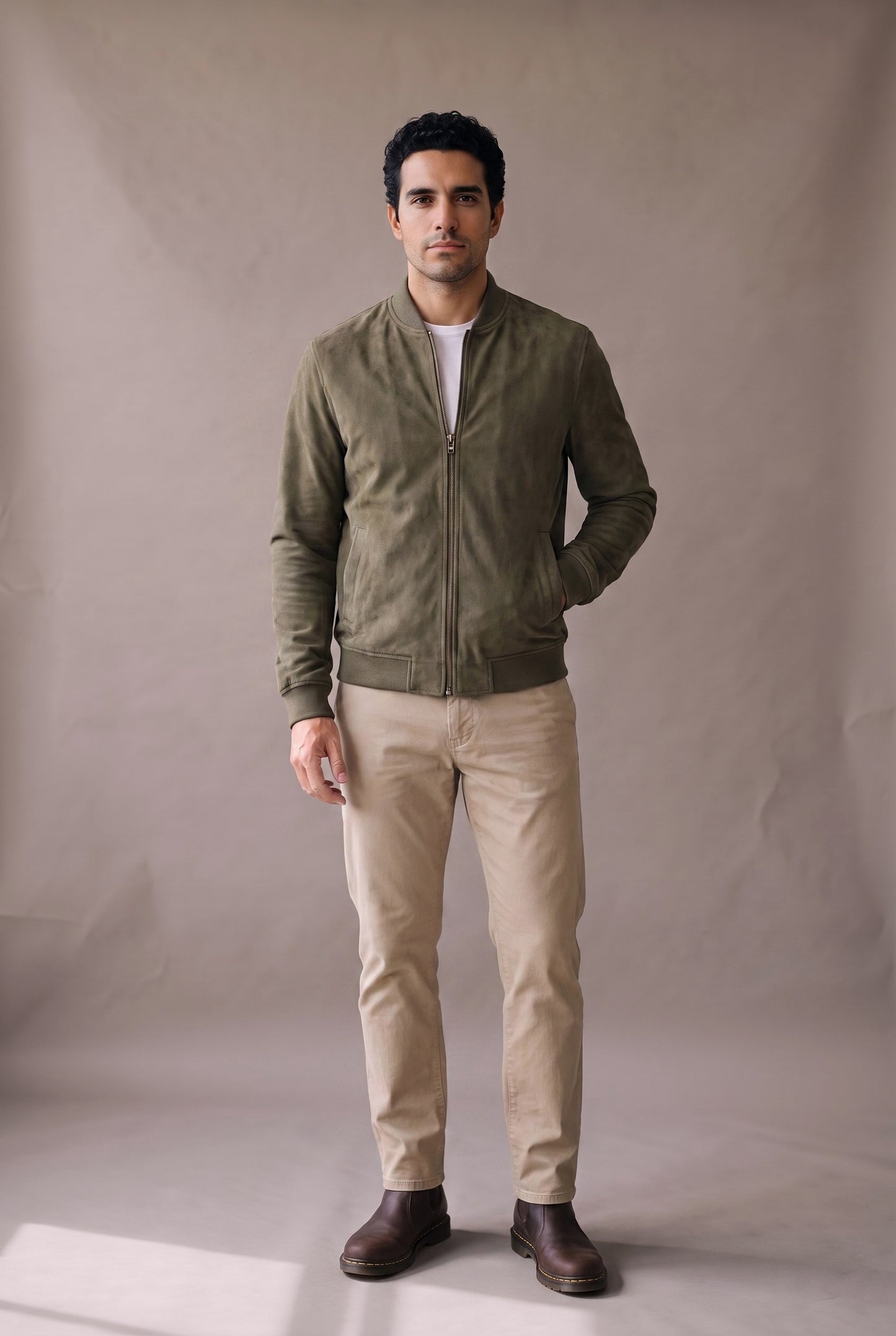 Chaqueta bomber verde militar de gamuza para hombre, vista frontal con cierre subido, de Luck & Load.