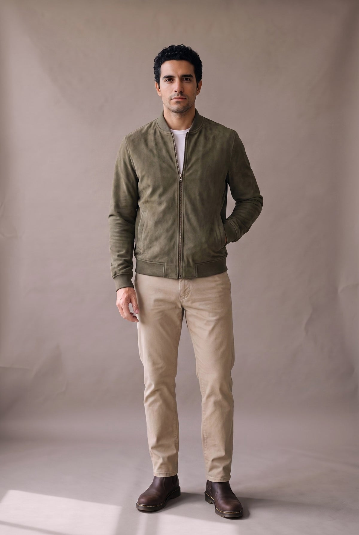 Chaqueta bomber verde militar de gamuza para hombre, vista frontal con cierre subido, de Luck & Load.