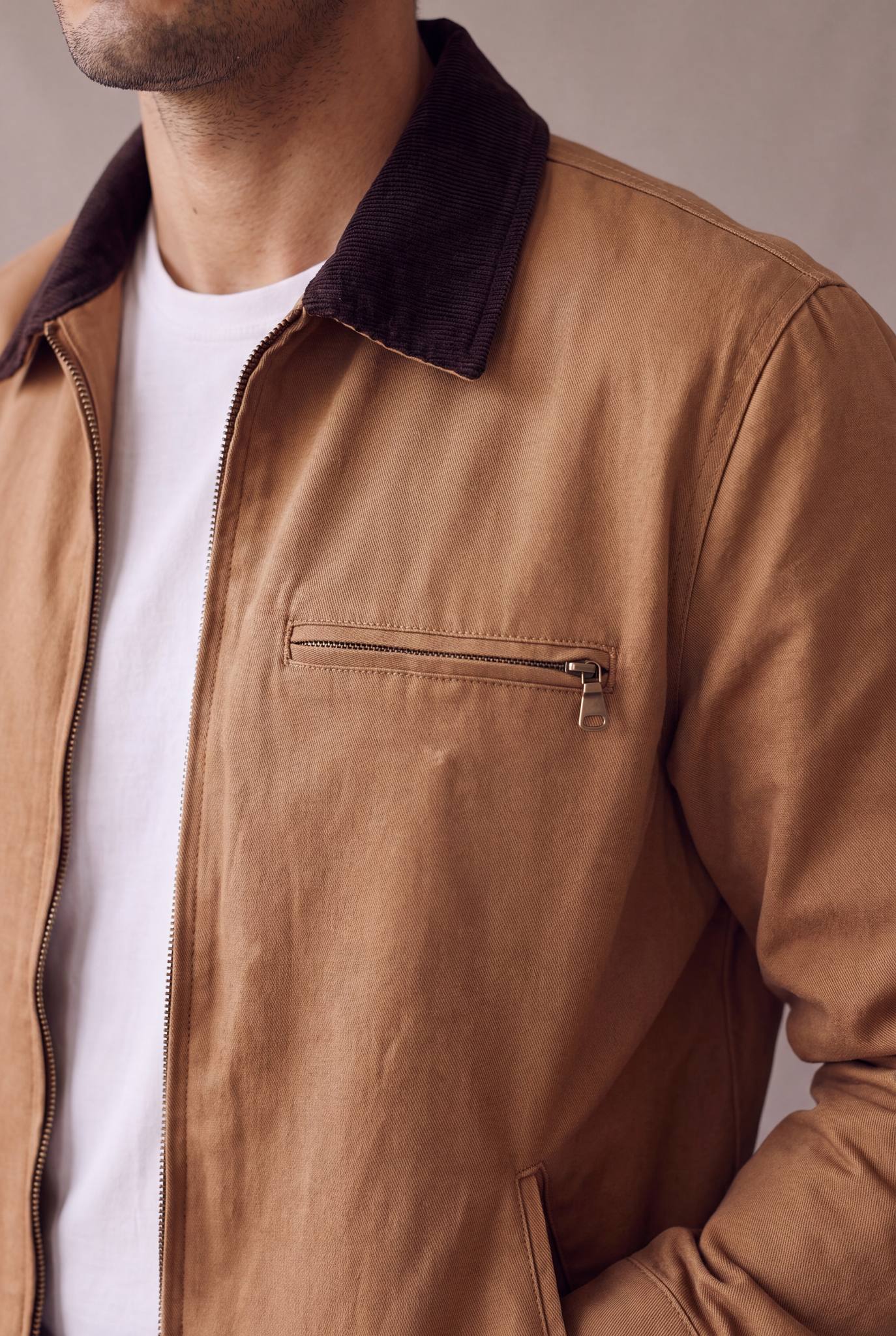 Detalle de la chaqueta Detroit color camel de Luck and Load: cuello de pana, cierre central de laton con tirador y bolsillo de pecho con cierre. Colombia