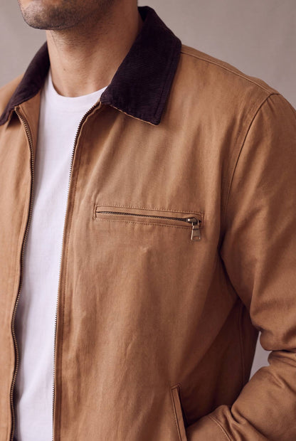 Detalle de la chaqueta Detroit color camel de Luck and Load: cuello de pana, cierre central de laton con tirador y bolsillo de pecho con cierre. Colombia
