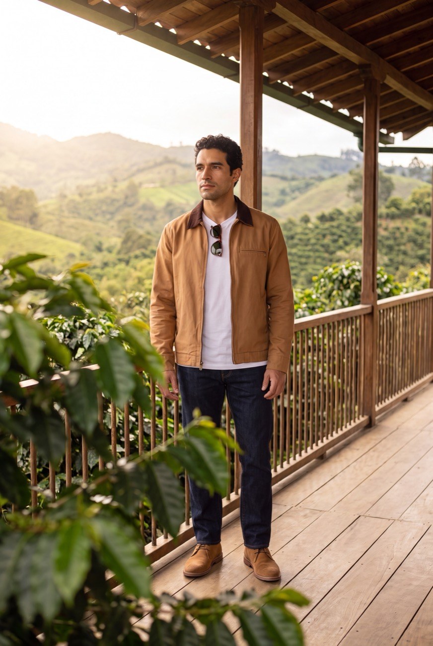 Chaqueta Detroit color camel de Luck and Load; hombre en la veranda de madera de una finca del Eje Cafetero con montanas verdes al fondo, gafas de sol al cuello. Colombia