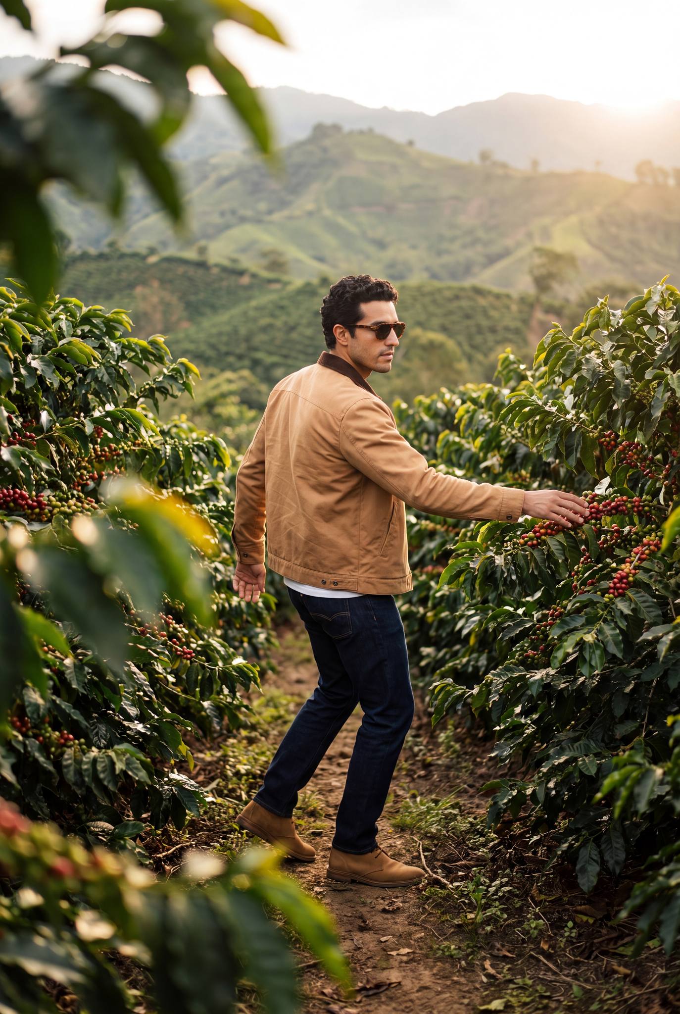 Chaqueta Detroit color camel de Luck and Load; hombre con gafas de sol caminando entre cafetos con cerezas rojas en una finca del Eje Cafetero al atardecer. Colombia