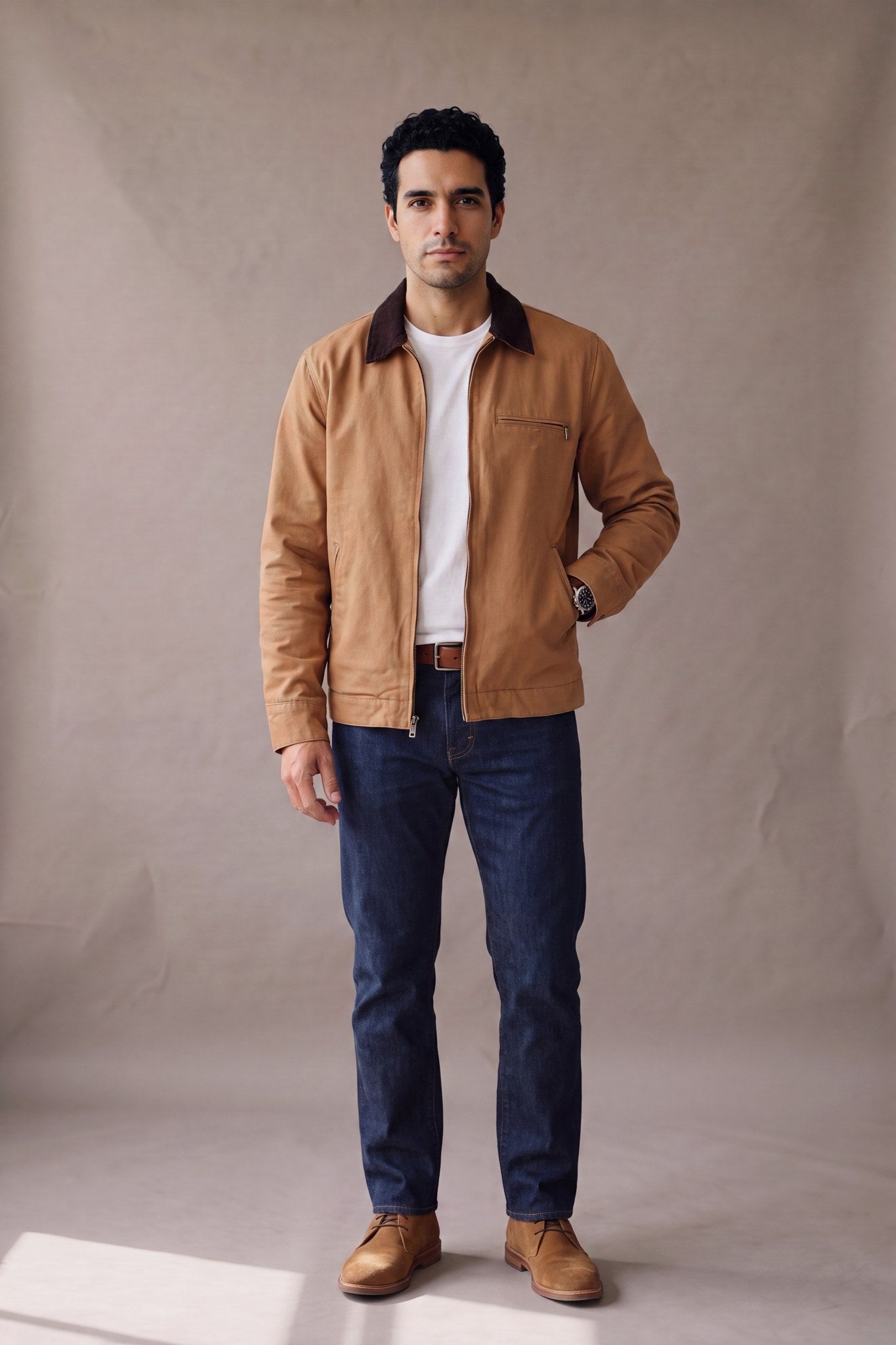 Chaqueta Detroit color camel de cuello de pana de Luck and Load, vista frontal; hombre con camiseta blanca, jean indigo y botas chukka. Colombia