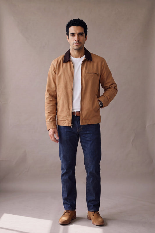 Chaqueta Detroit color camel de cuello de pana de Luck and Load, vista frontal; hombre con camiseta blanca, jean indigo y botas chukka. Colombia