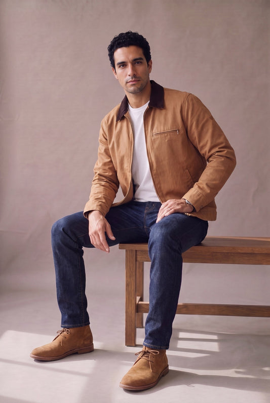 Chaqueta Detroit color camel de Luck and Load, hombre sentado en banco de madera mostrando la caida de la prenda, el cuello de pana y el bolsillo, sobre jean indigo y botas chukka de gamuza. Colombia