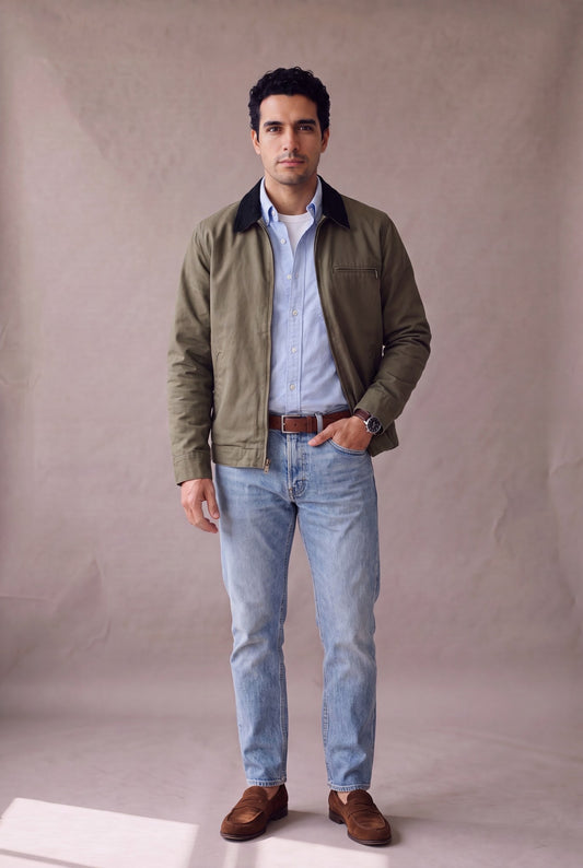 Chaqueta Detroit color verde oliva militar de Luck and Load con cuello de pana negro, vista frontal; hombre con camisa oxford celeste, jean claro y mocasin de gamuza. Colombia