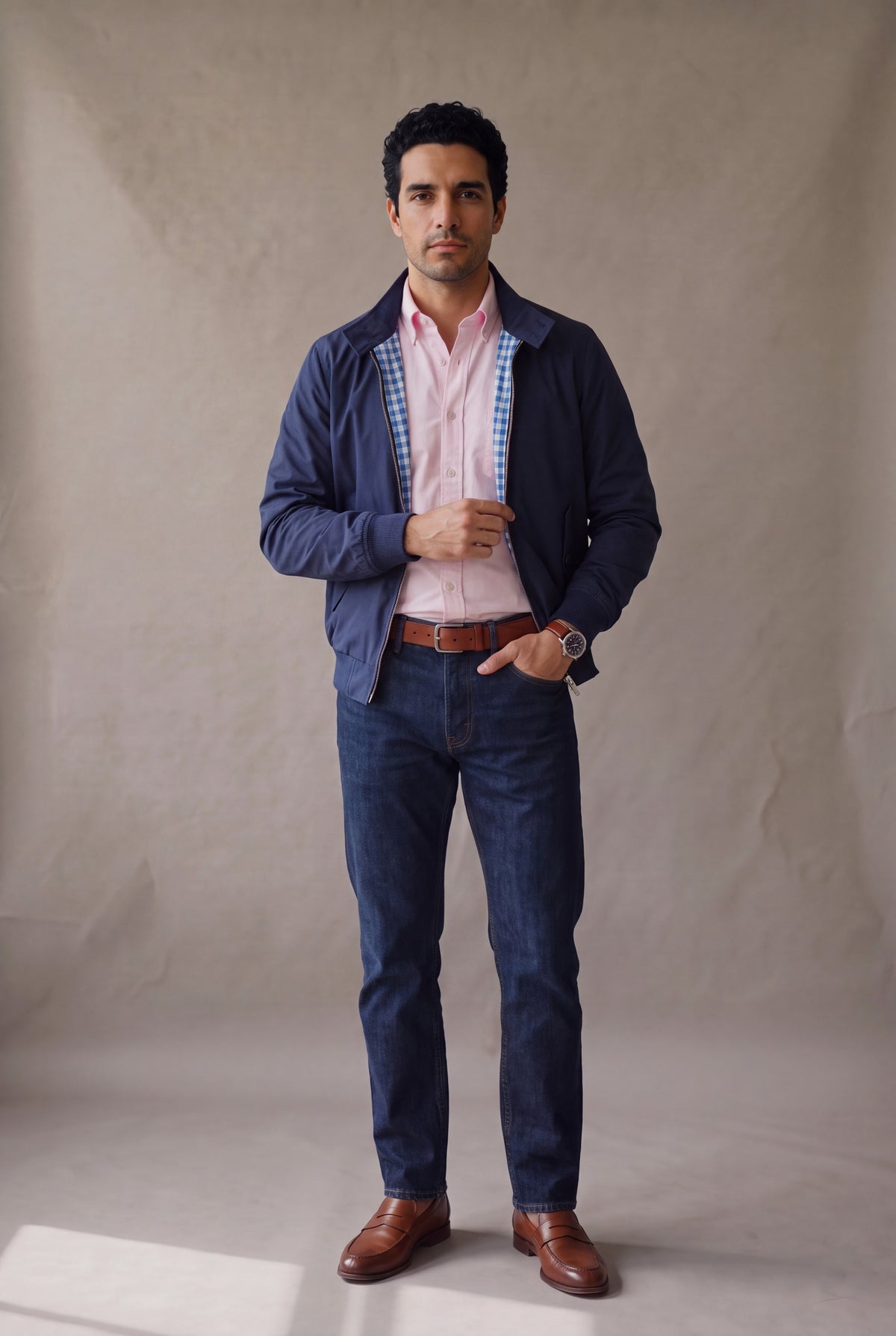 Chaqueta Harrington azul marino para hombre de Luck & Load, abierta sobre camisa oxford palo de rosa y jean indigo, con mocasines cognac.