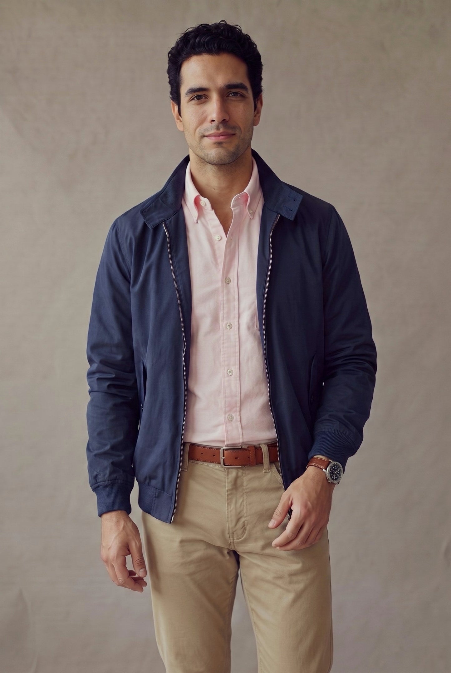 Chaqueta Harrington azul marino para hombre, medio cuerpo con correa de cuero, de Luck & Load.