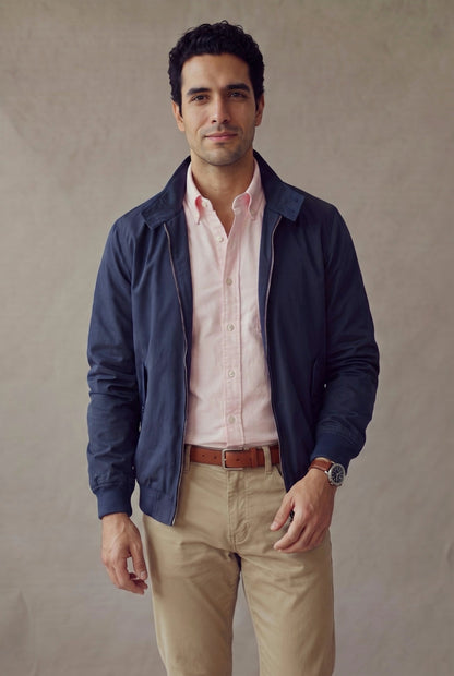 Chaqueta Harrington azul marino para hombre, medio cuerpo con correa de cuero, de Luck & Load.