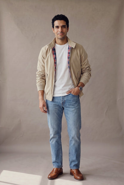 Chaqueta Harrington beige para hombre en manga larga, vista frontal, de Luck & Load.