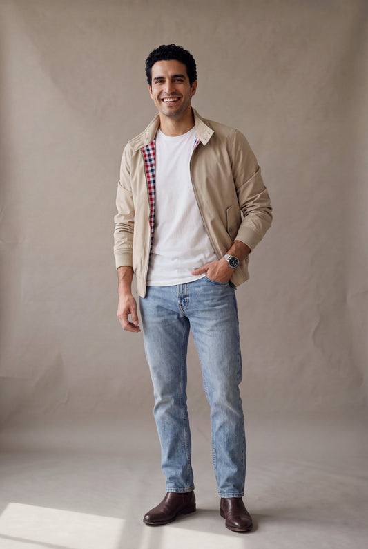Chaqueta Harrington negra para hombre de Luck & Load, abierta sobre buzo verde oliva y camisa blanca, con botas Dr. Martens.