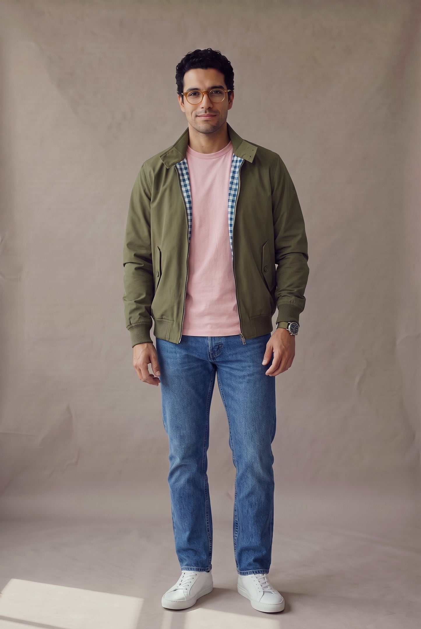 Chaqueta Harrington verde militar para hombre en manga larga, vista frontal, de Luck & Load.