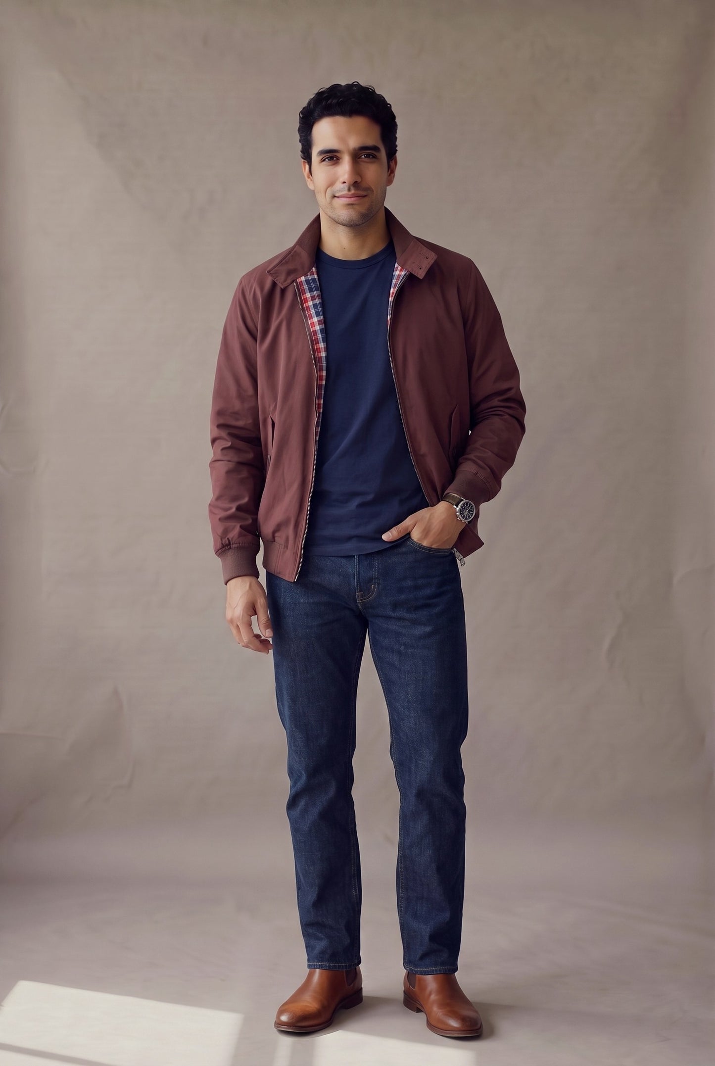 Chaqueta Harrington vinotinto para hombre en manga larga, vista frontal, de Luck & Load.