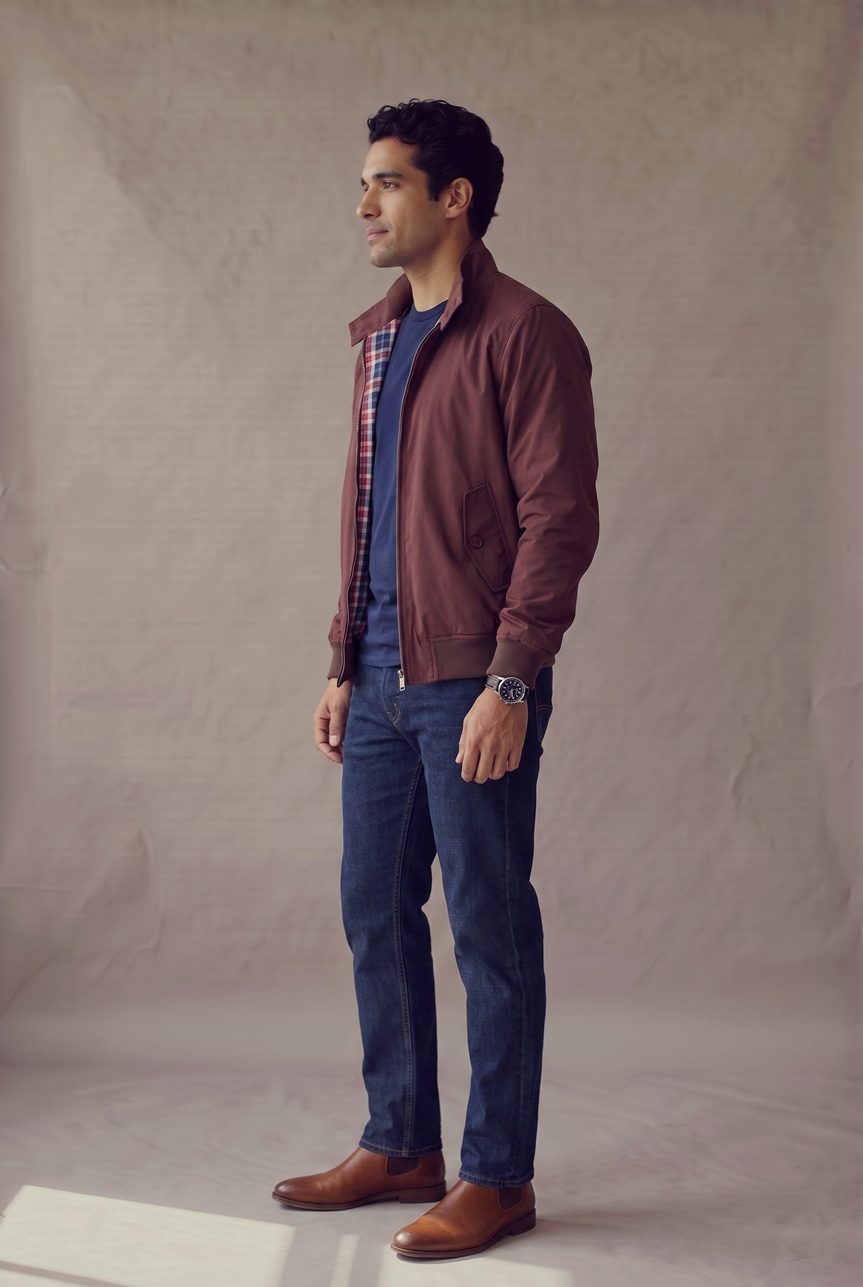 Chaqueta Harrington vinotinto para hombre en vista lateral, de Luck & Load.