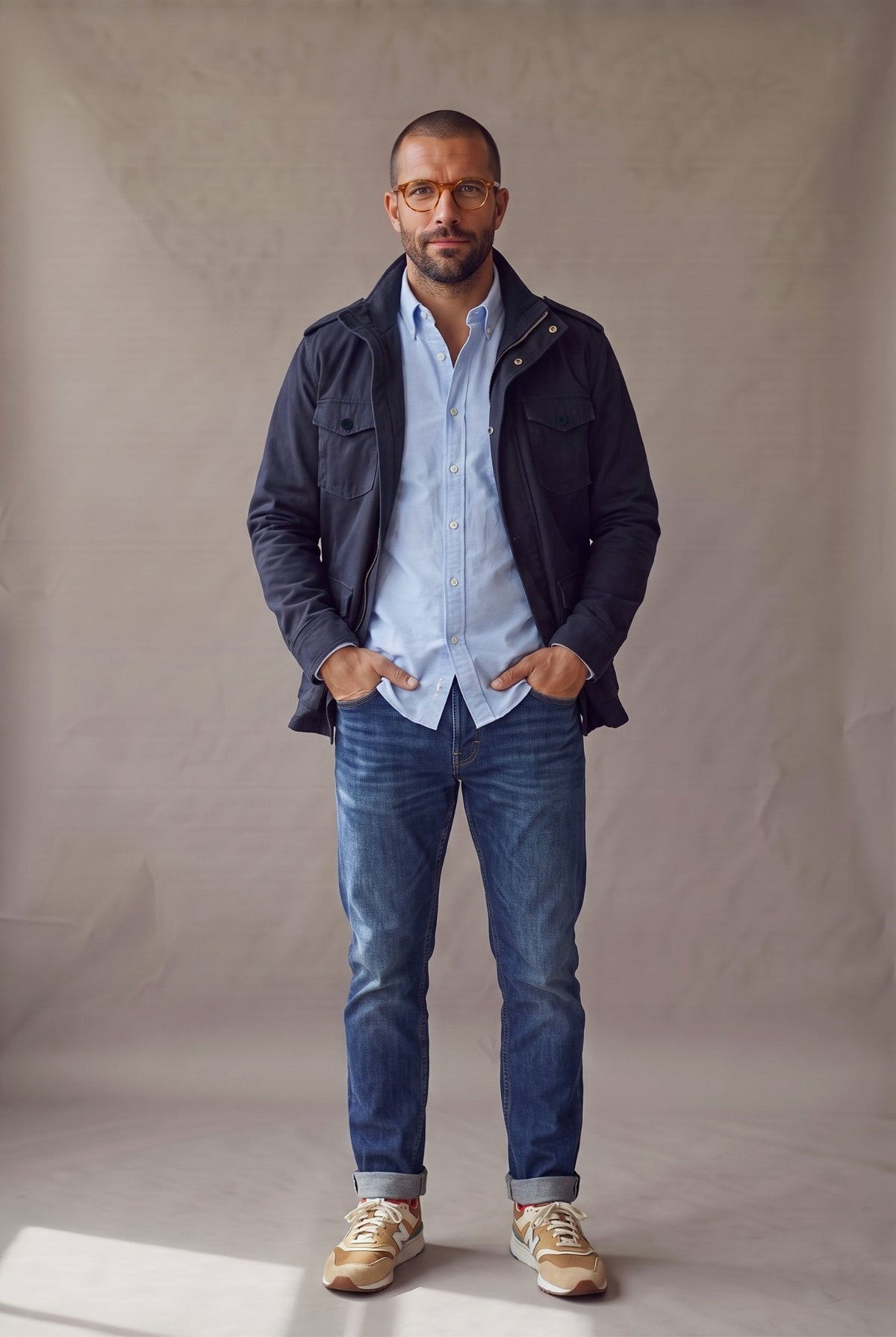 Hombre con chaqueta militar azul marino Luck and Load abierta sobre camisa oxford celeste, jean y tenis, de frente