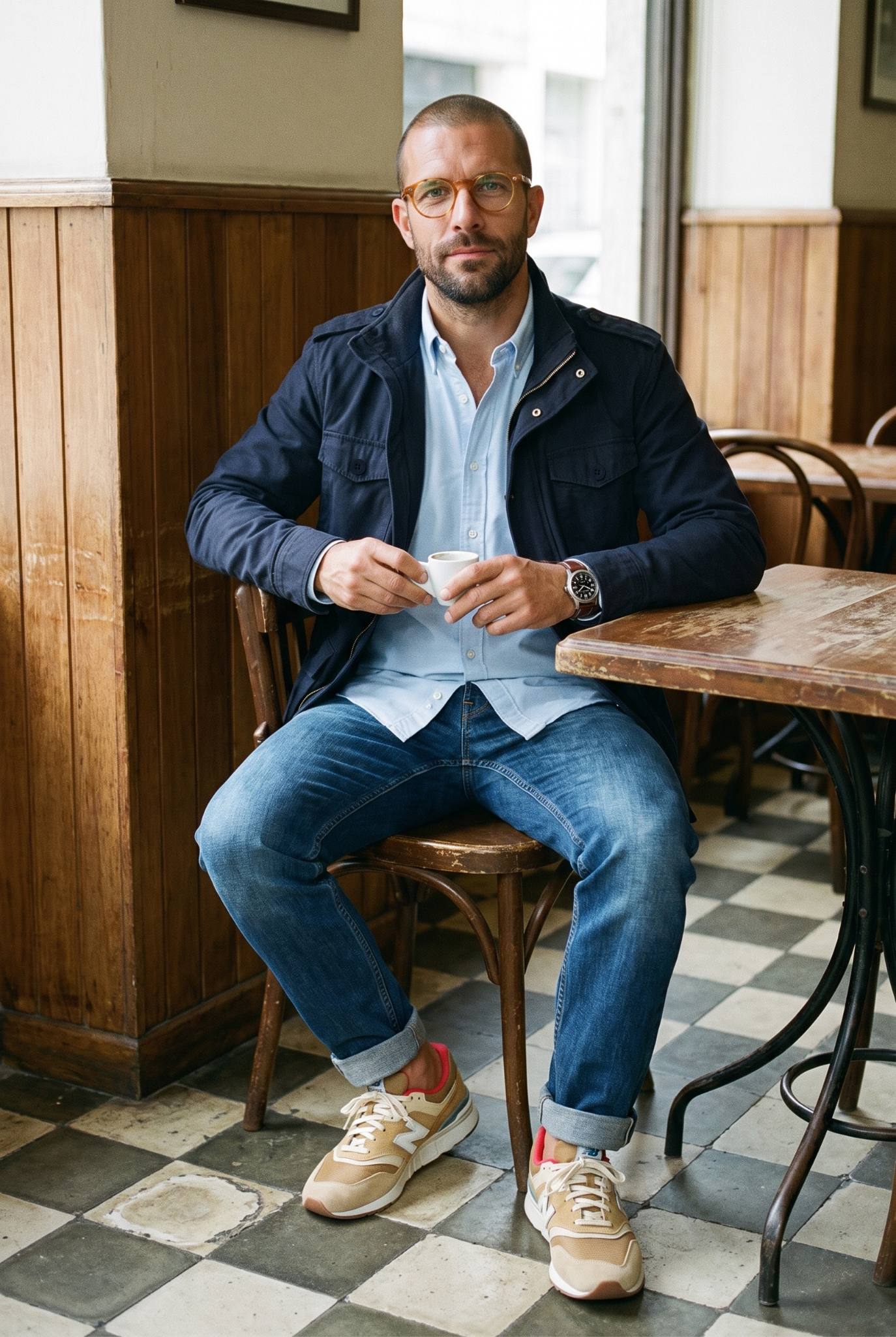 Hombre con chaqueta militar azul marino Luck and Load tomando un tinto en un cafe clasico