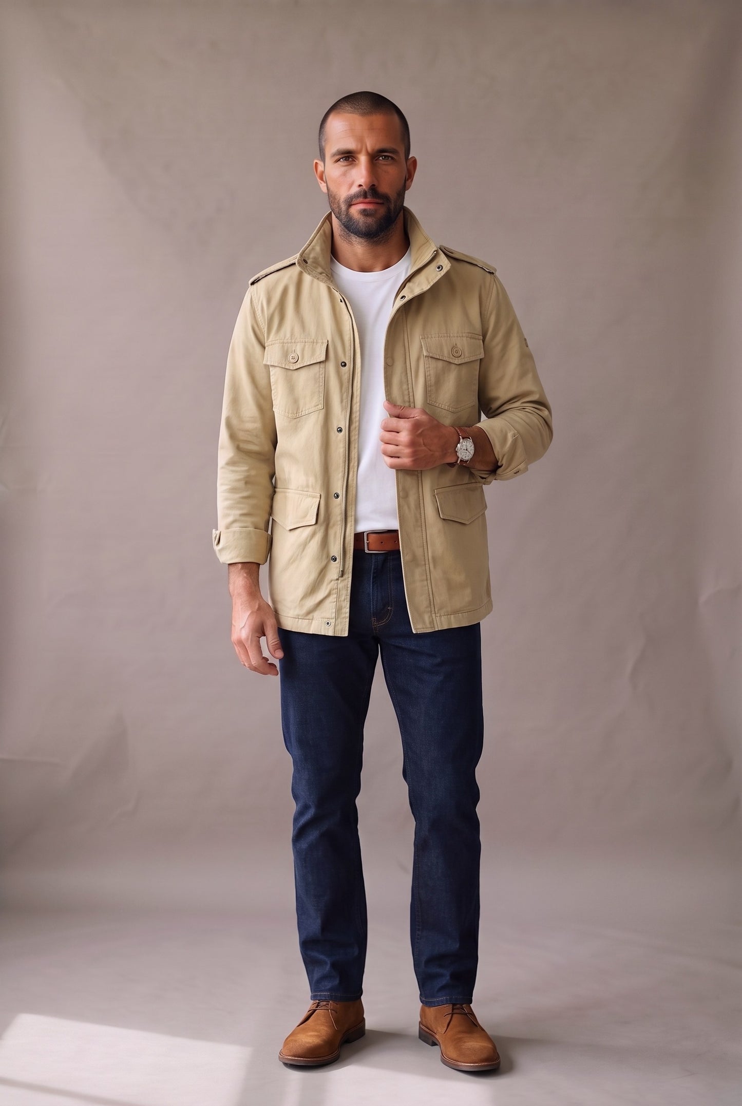 Chaqueta militar beige para hombre de Luck and Load, vista de frente