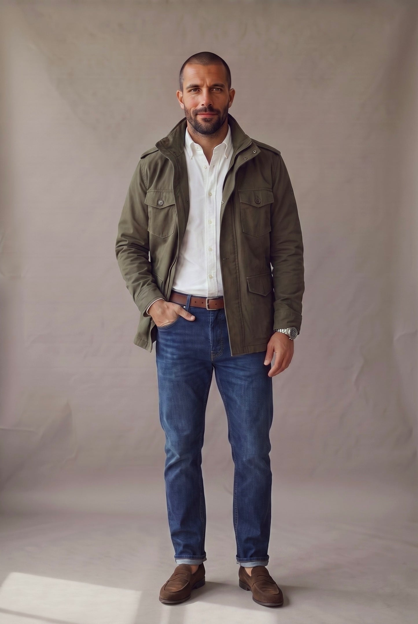 Chaqueta militar para hombre en verde oliva, vista de frente, Luck and Load