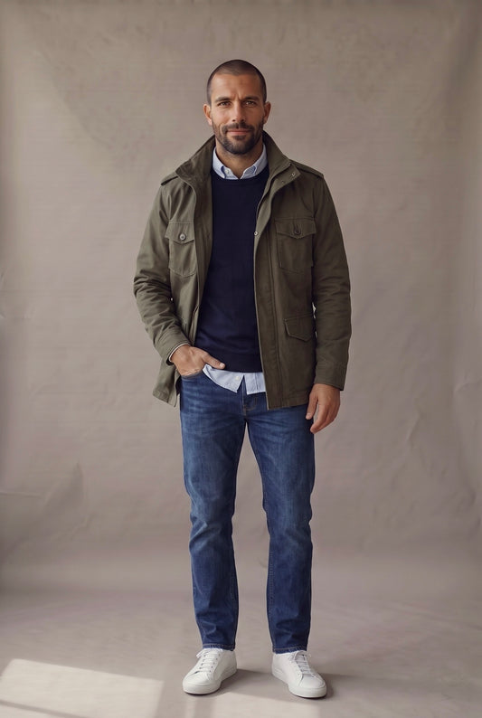 Chaqueta militar para hombre en verde oliva con sueter azul, look casual cuerpo completo, Luck and Load