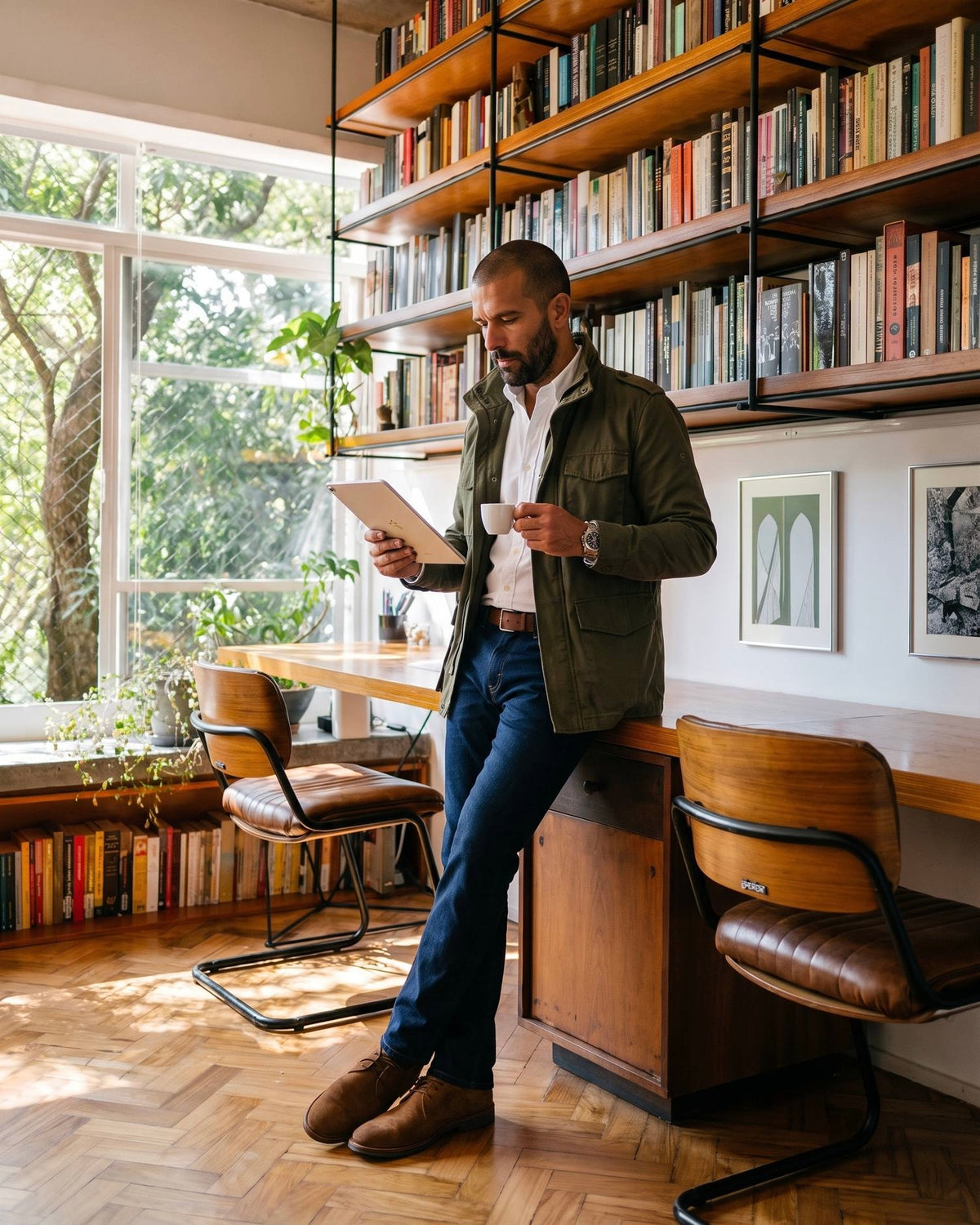 Hombre con chaqueta militar verde de Luck and Load leyendo en una oficina biblioteca de diseno