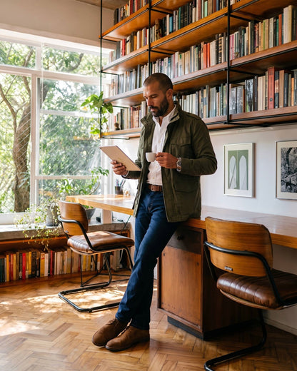 Hombre con chaqueta militar verde de Luck and Load leyendo en una oficina biblioteca de diseno