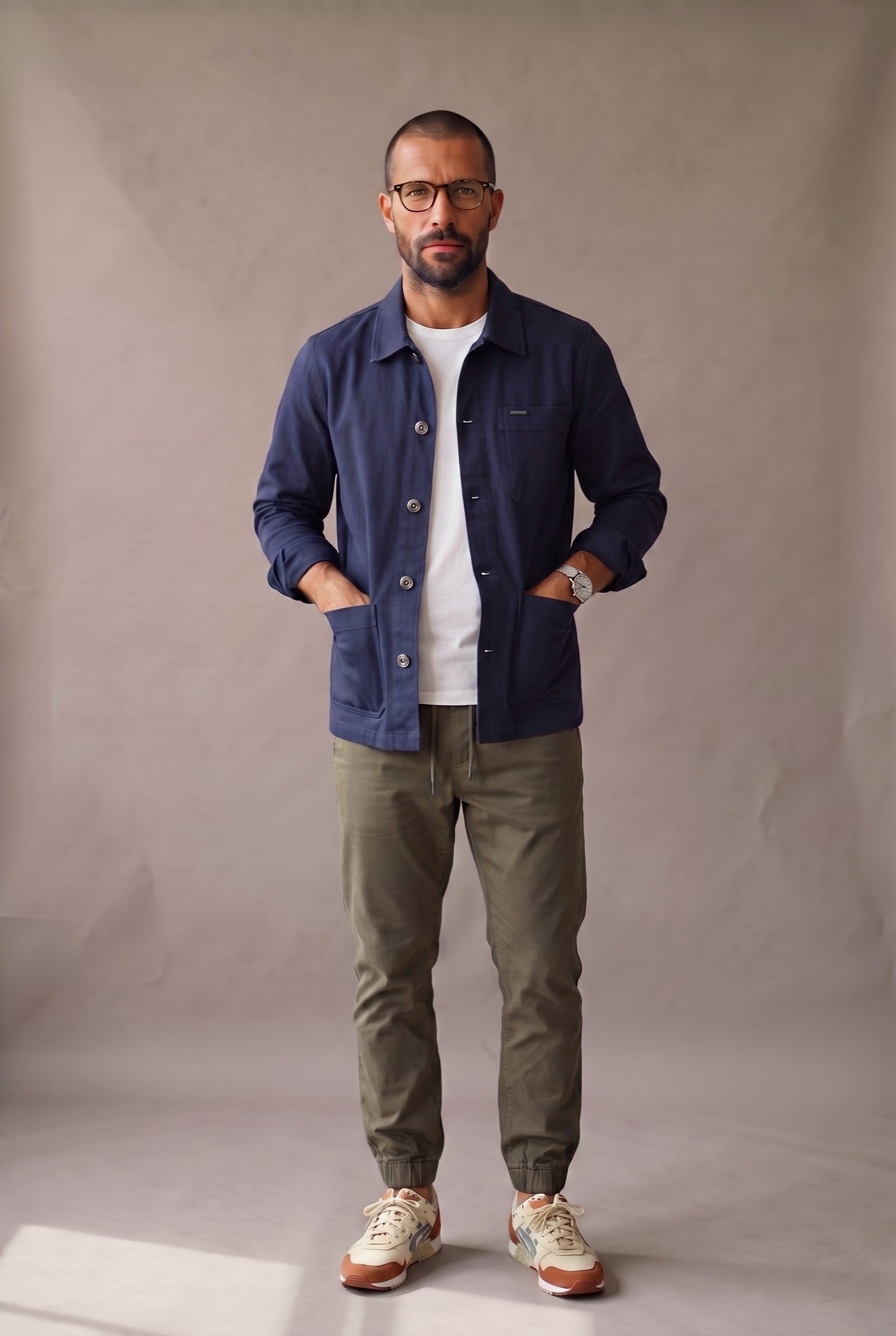 Chaqueta obrera azul marino para hombre de Luck & Load, vista frontal de cuerpo entero, abierta y con las manos en los bolsillos.