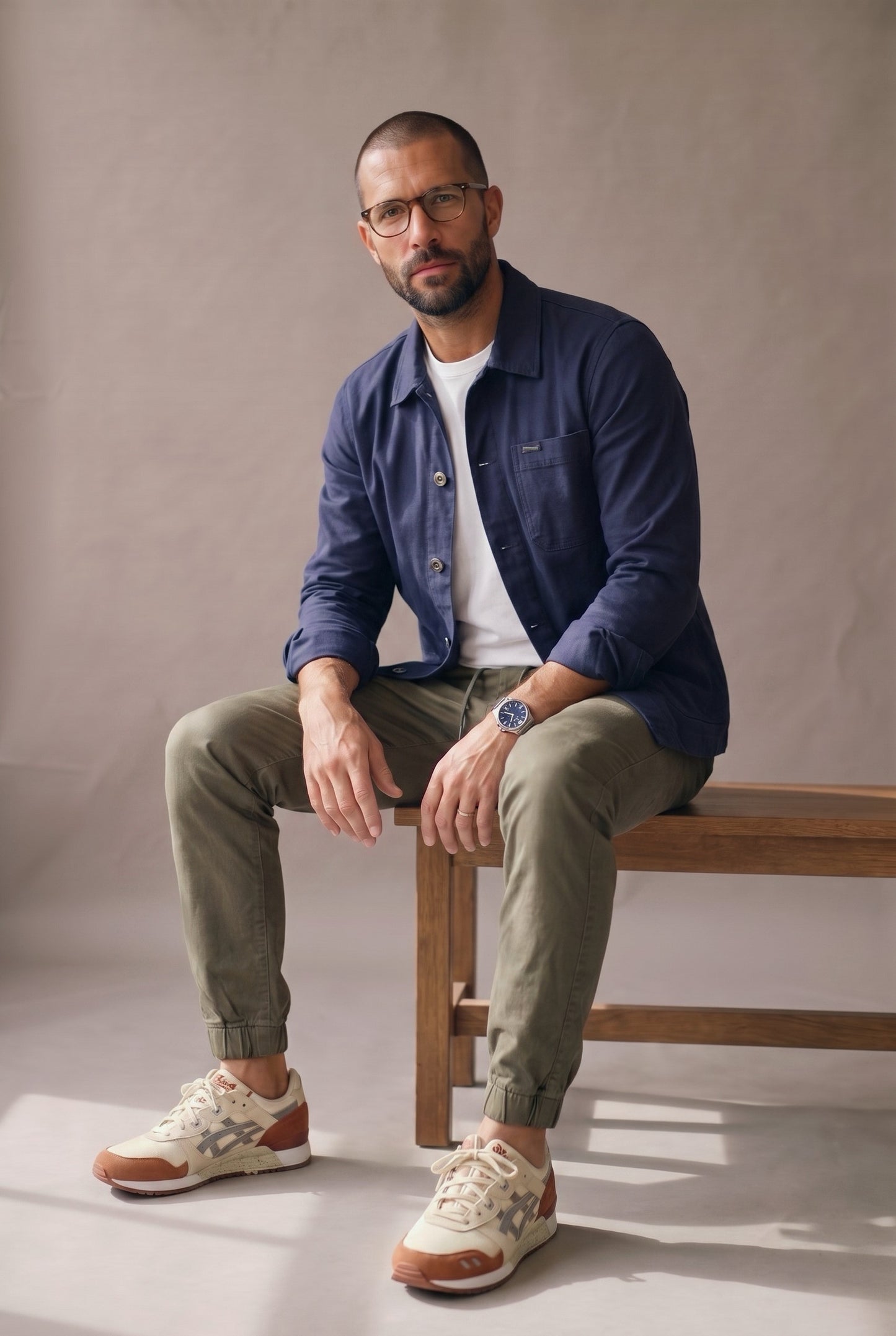 Chaqueta obrera azul marino para hombre de Luck & Load, vista lateral con el modelo sentado.