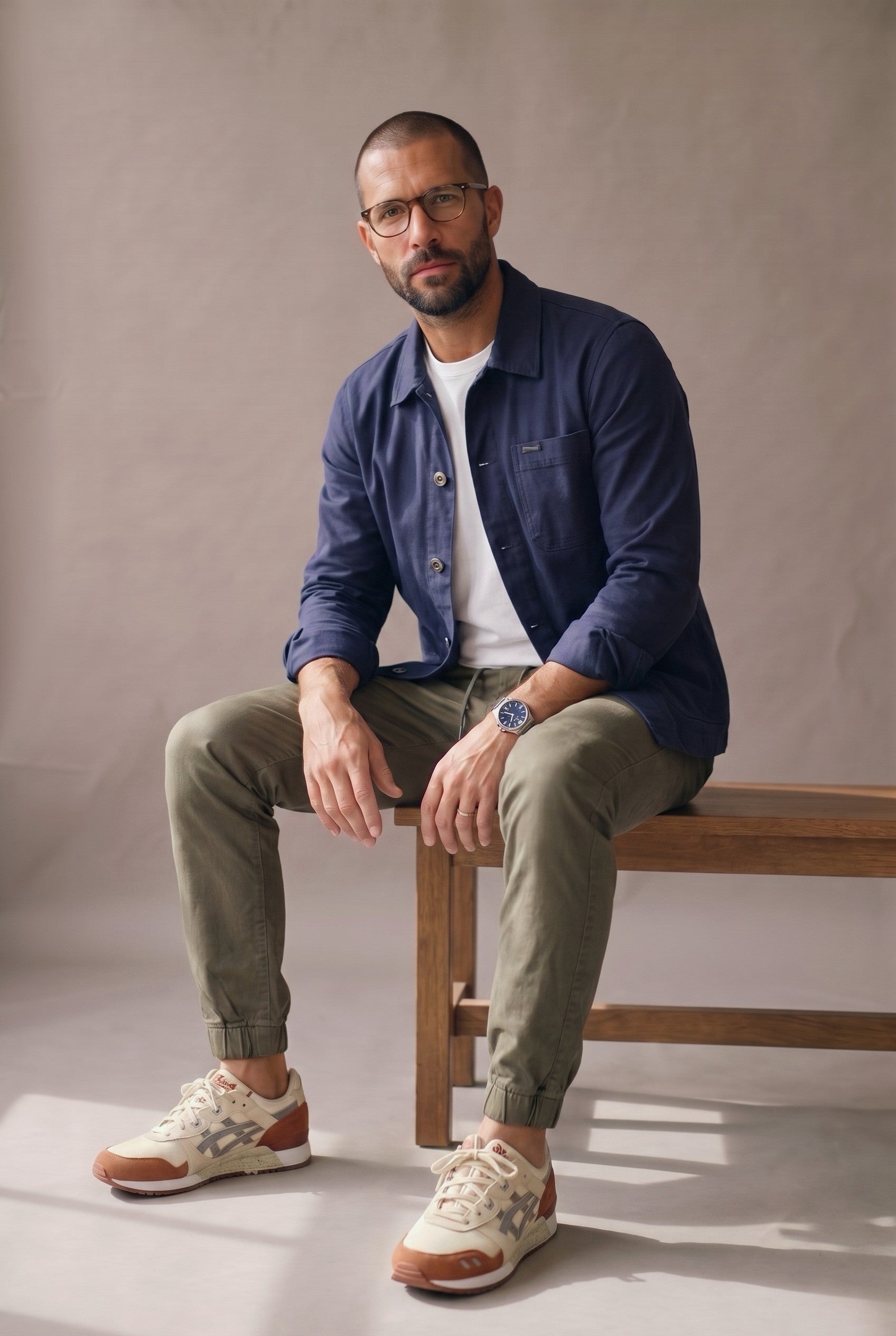Chaqueta obrera azul marino para hombre de Luck & Load, vista lateral con el modelo sentado.