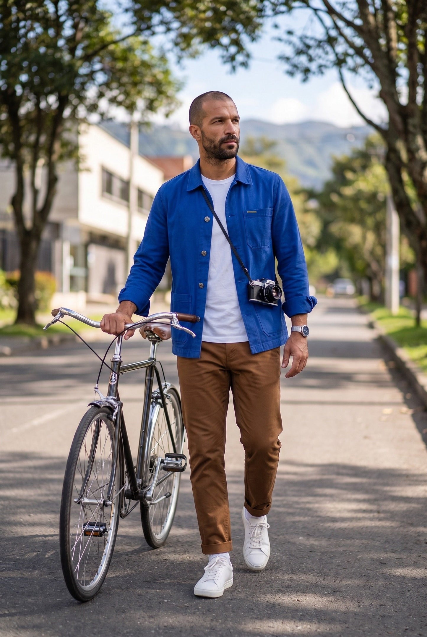 Hombre con chaqueta obrera azul rey de Luck & Load junto a su bicicleta en una calle arbolada, foto de estilo de vida en exteriores.