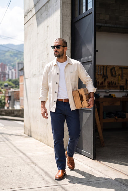 Hombre con chaqueta obrera beige de Luck & Load caminando por una calle de Medellín, foto de estilo de vida en exteriores.