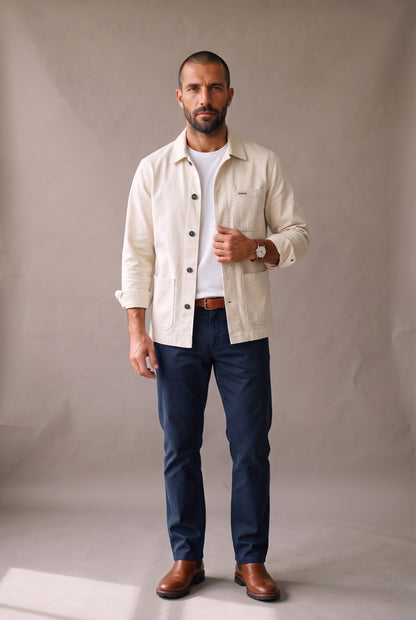 Chaqueta obrera beige para hombre de Luck & Load, vista frontal de cuerpo entero, abierta sobre camiseta blanca.