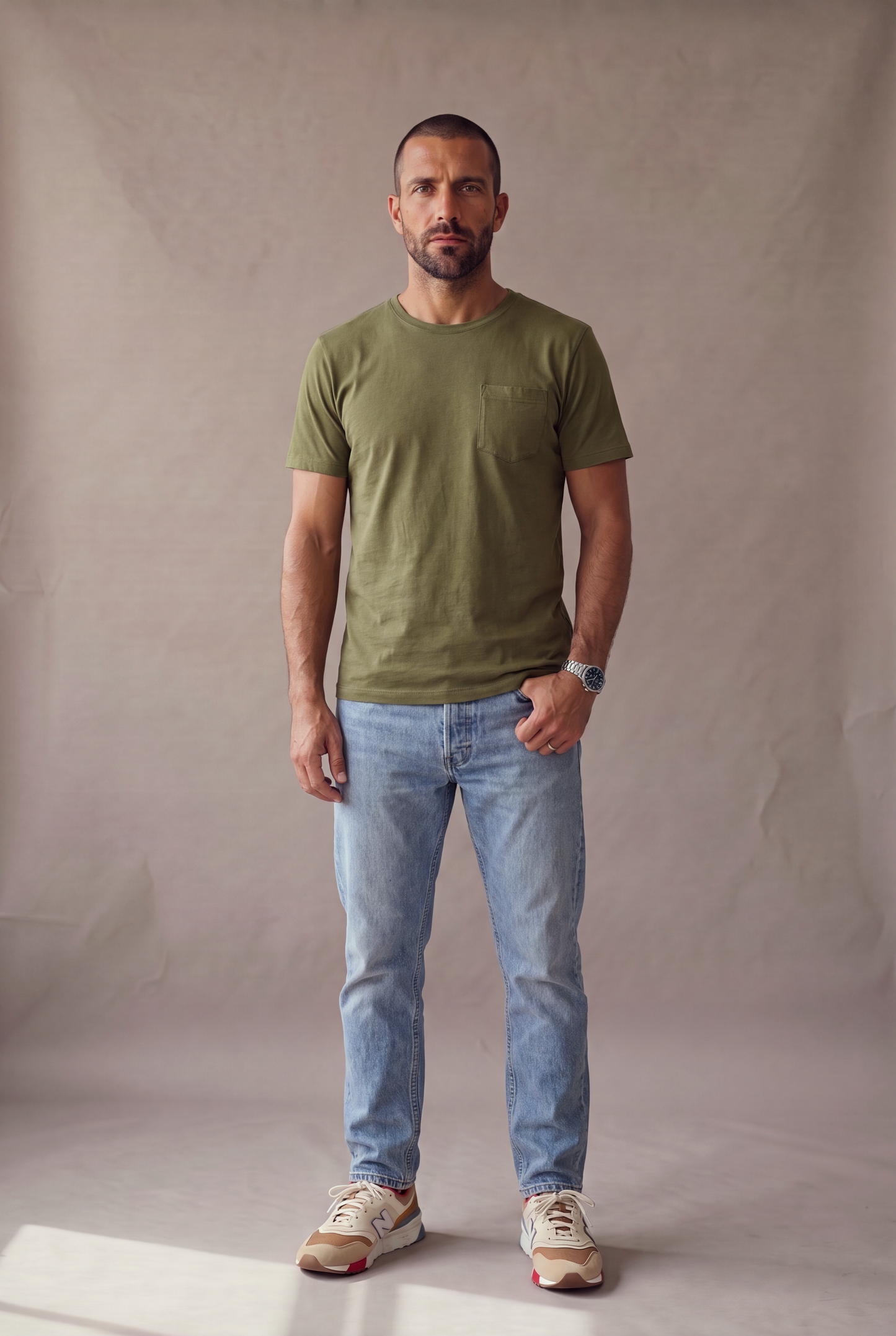 Hombre de frente con camiseta verde militar de cuello redondo con bolsillo en algodon peruano, foto de catalogo en estudio.