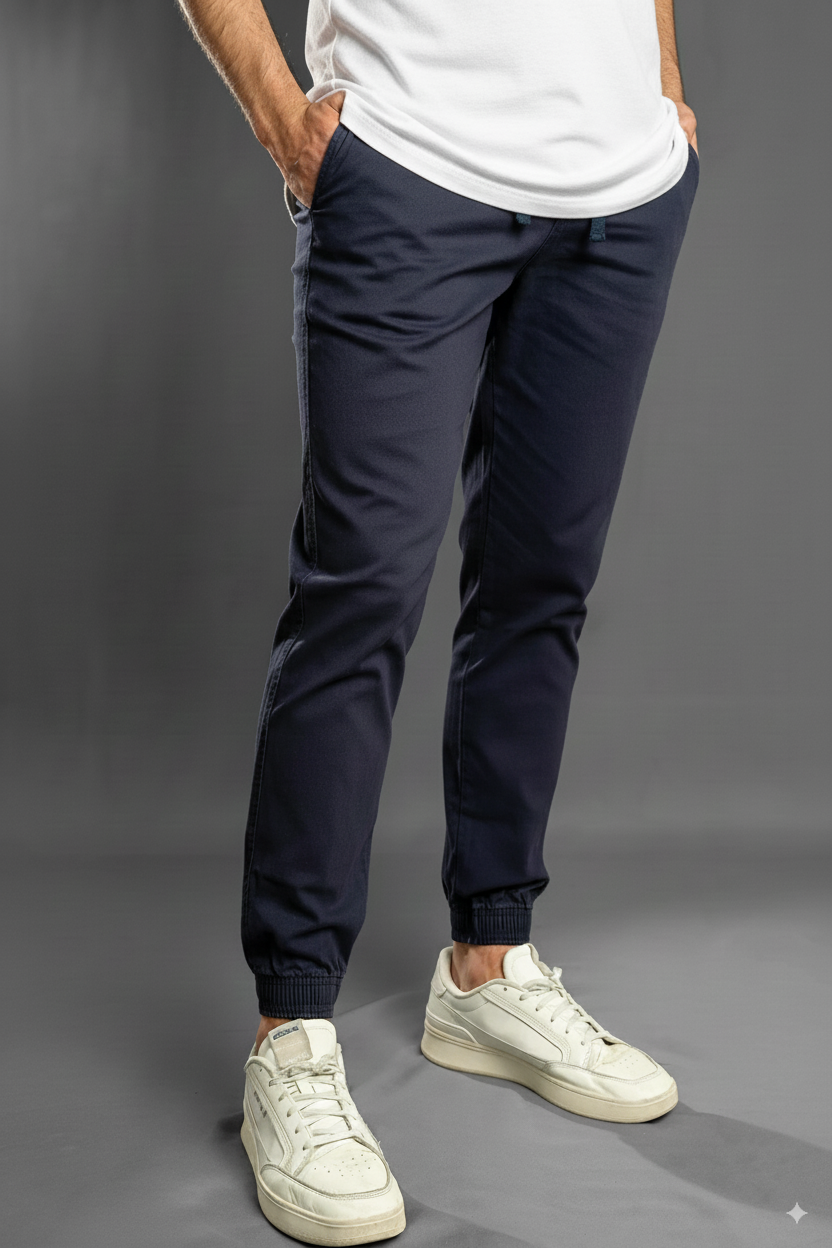 Frontal de jogger azul marino hombre, dril stretch, cintura elástica con cordón, outfit urbano Bogotá