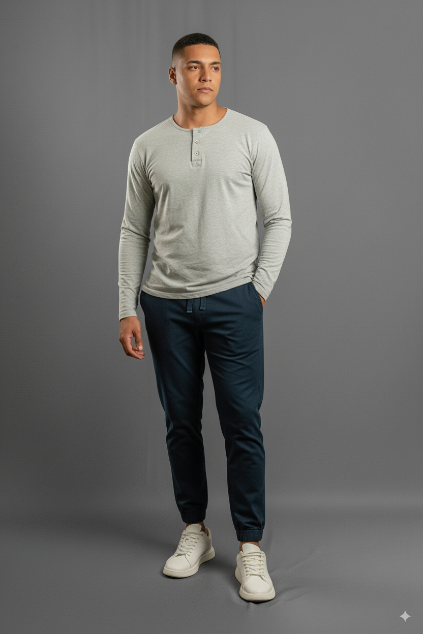 Outfit completo jogger azul marino, pantalón con puño que combina con tenis blancos