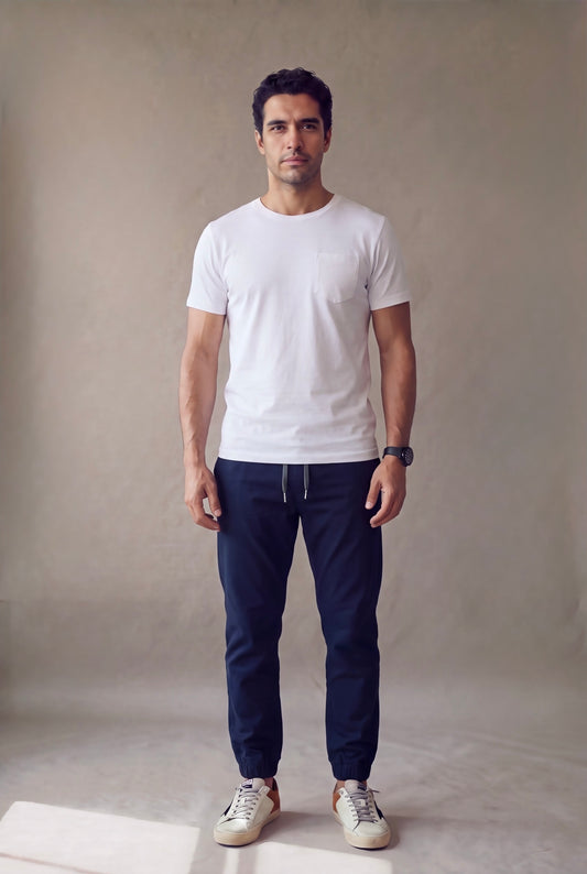 Jogger azul marino para hombre, vista de frente, en drill de algodón, Luck and Load