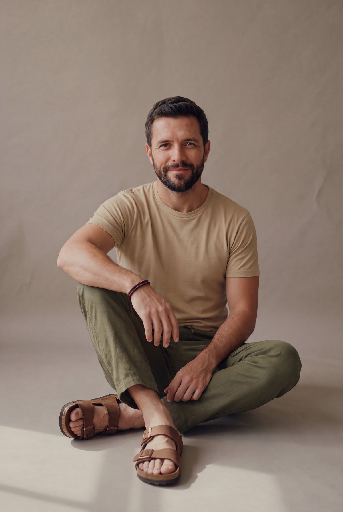 Pantalón de descanso en lino verde militar para hombre, modelo sentado en el piso del estudio, Luck & Load