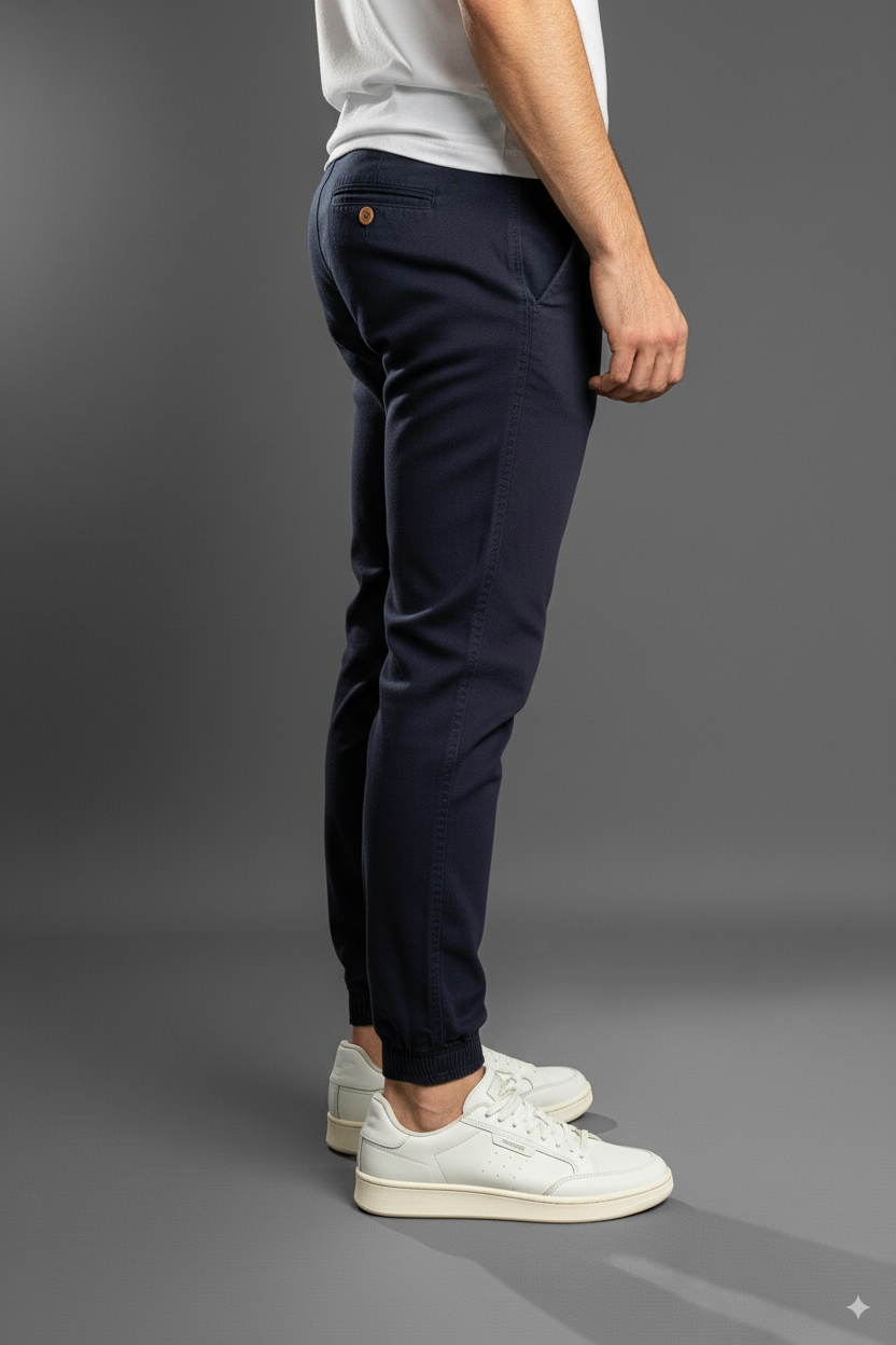 Zoom al bolsillo y cintura del jogger azul marino, pantalón con puño que combina con tenis blancos