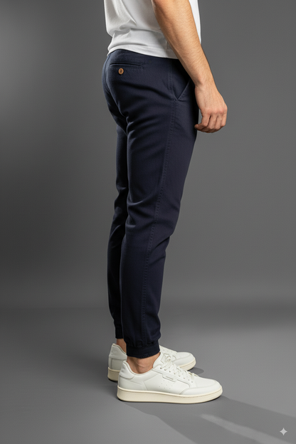 Zoom al bolsillo y cintura del jogger azul marino, pantalón con puño que combina con tenis blancos