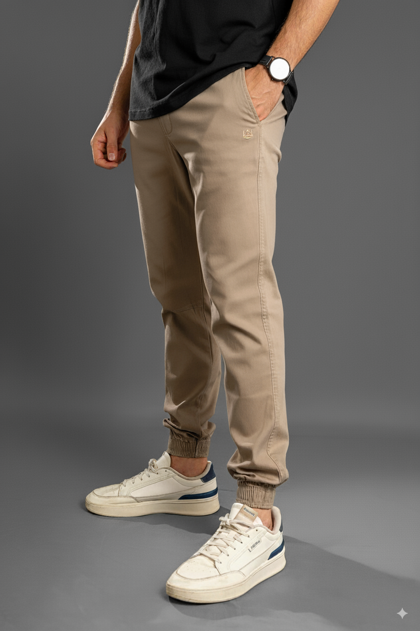 Detalle pretina y costuras jogger beige Luck & Load — algodón drill resistente