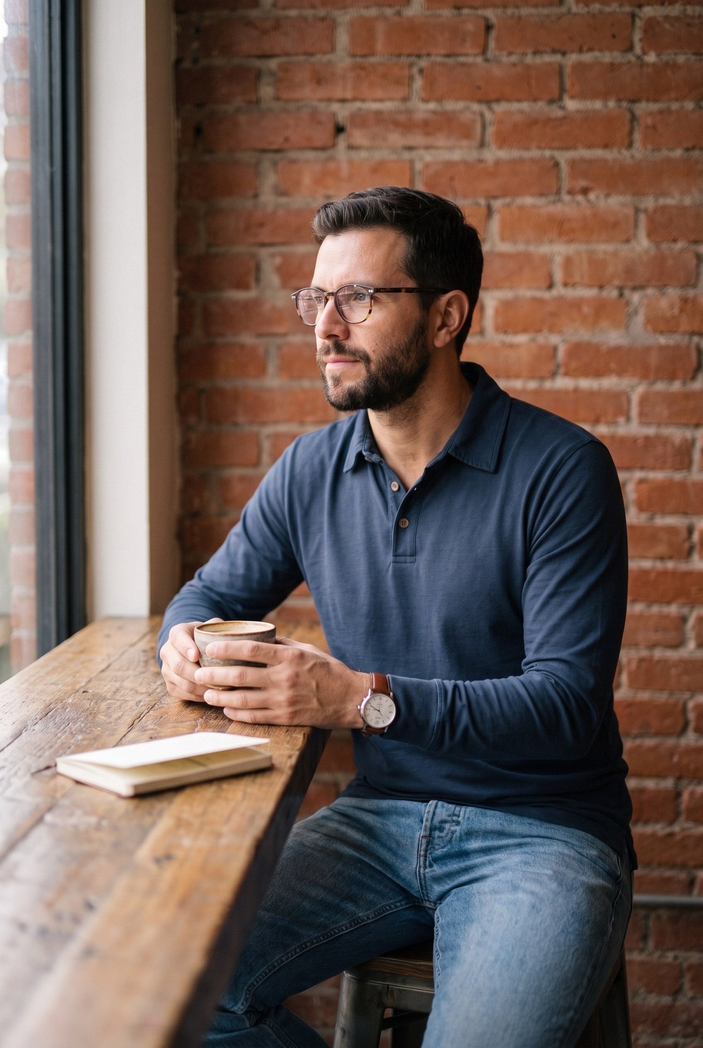 Hombre con polo de manga larga azul marino de Luck & Load en un café de ladrillo, foto de estilo de vida.