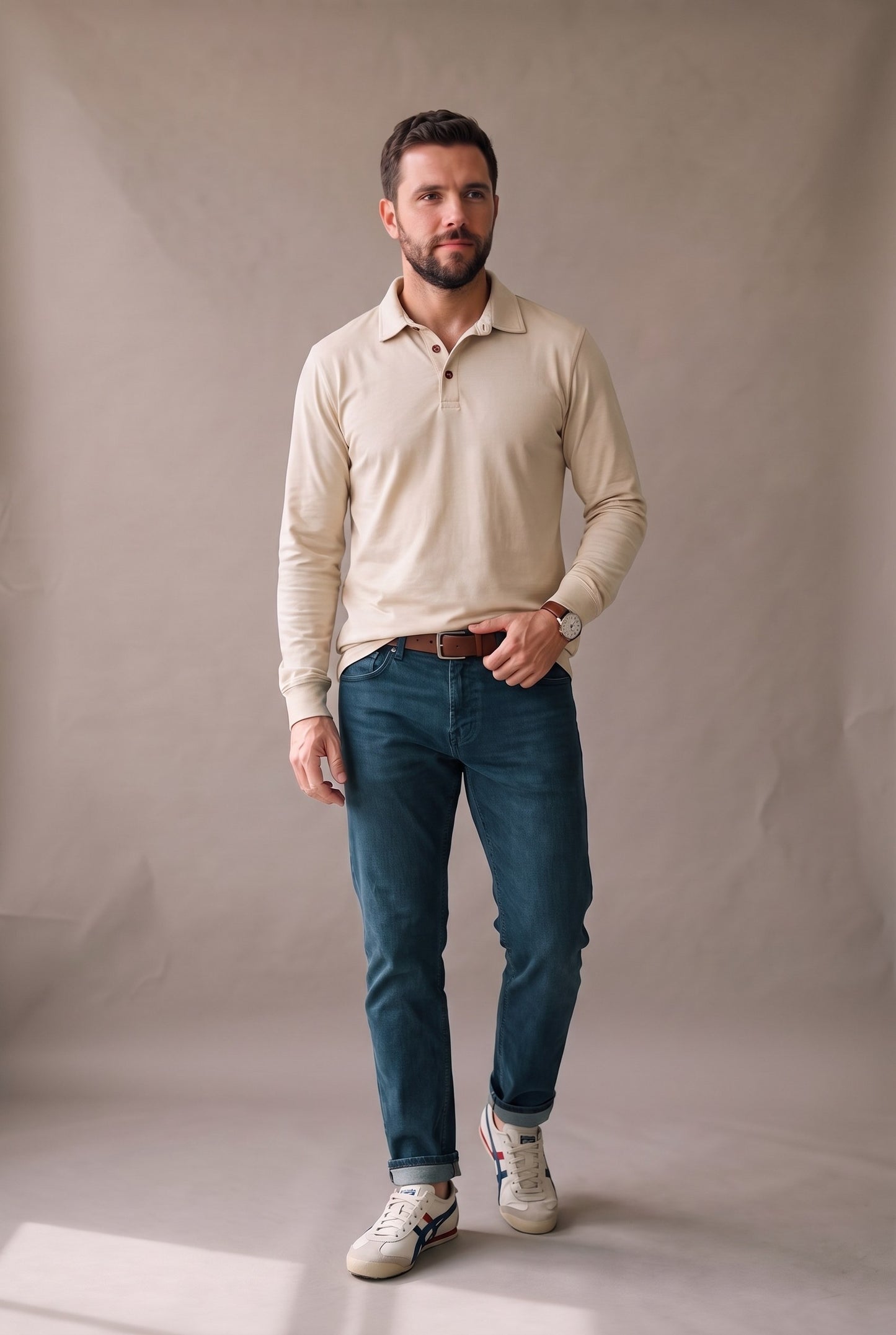 Polo de manga larga para hombre color beige, marca Luck & Load, vista frontal de cuerpo completo.